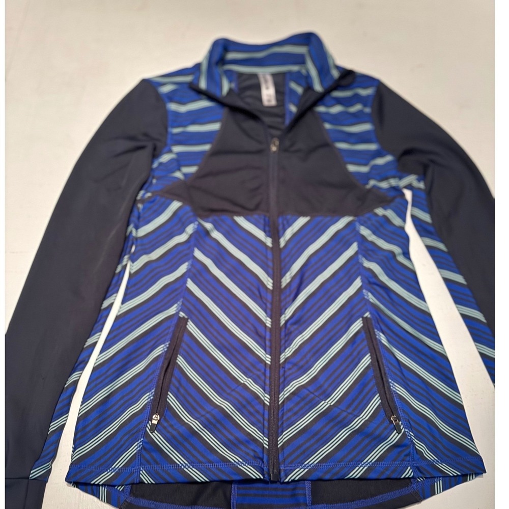 Kyodan Womens XS Full Zip Activewear Jacket Blue Striped Thumbhole Track Jacket